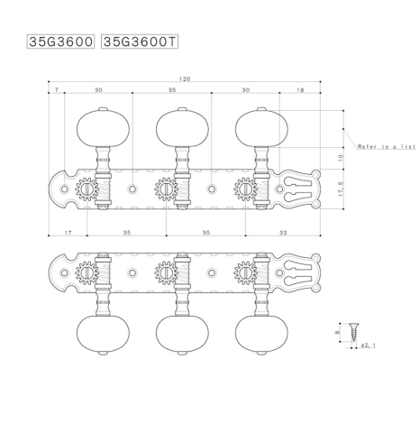 These are the dimensions of the high quality tuning machines made by Gotoh Japan. This diagram shows the post to post spacing along with the plate measurement.
