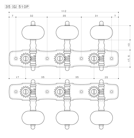 These are the dimensions of the high quality tuning machines made by Gotoh Japan. This diagram shows the post to post spacing along with the plate measurement.