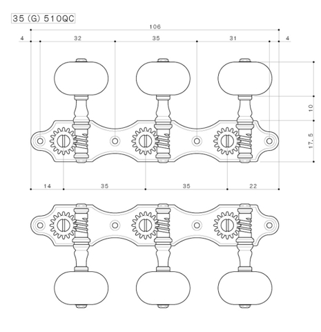 These are the dimensions of the high quality tuning machines made by Gotoh Japan. This diagram shows the post to post spacing along with the plate measurement.