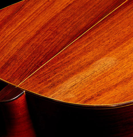 The heel, back binding and purfling of a 1928 Hermann Hauser I (ex Julian Bream) classical guitar made of spruce and CSA rosewood