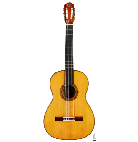 The front of a 1928 Hermann Hauser I (ex Julian Bream) classical guitar made of spruce and CSA rosewood
