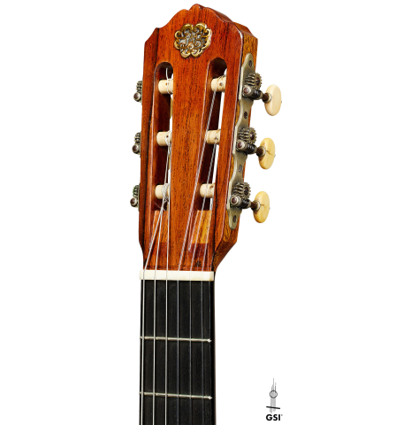The headstock of a 1928 Hermann Hauser I (ex Julian Bream) classical guitar made of spruce and CSA rosewood