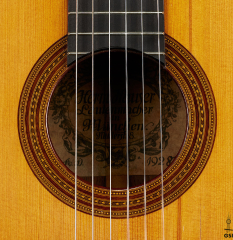 The rosette of a 1928 Hermann Hauser I (ex Julian Bream) classical guitar made of spruce and CSA rosewood