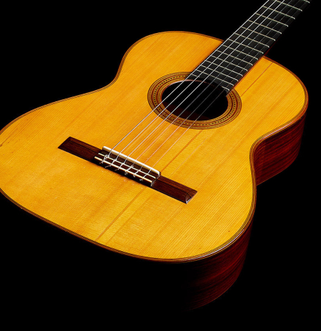The soundboard of a 1928 Hermann Hauser I (ex Julian Bream) classical guitar made of spruce and CSA rosewood