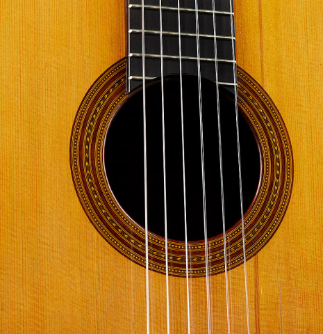 The top and rosette of a 1928 Hermann Hauser I (ex Julian Bream) classical guitar made of spruce and CSA rosewood