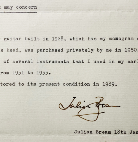 The letter of a 1928 Hermann Hauser I (ex Julian Bream) classical guitar made of spruce and CSA rosewood