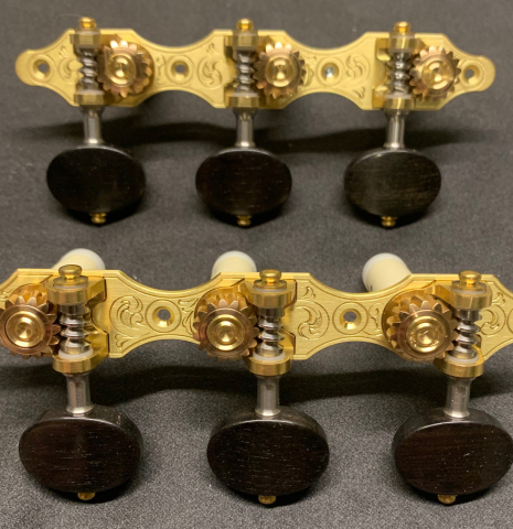 The front of Alessi Tuning Machines - Hauser 1937 Engraved Brass Plates / Ebony Buttons