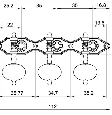 Dimensions for Barnett “Landstorfer” Engraved Brass plate/ebony buttons/white rollers