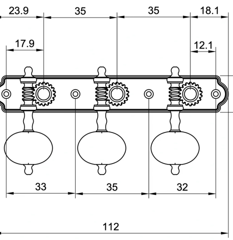Dimensions for Barnett “Trinity-B” Engraved Brass plate/ivoroid buttons/white rollers