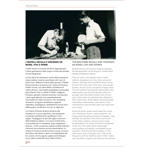 Inside page 1 of the book "De Bonis Family: Rediscovering an ancient dynasty of Bisignano luthiers" by Lorenzo Frignani, Yuri Crusco and Giuseppe Mangia