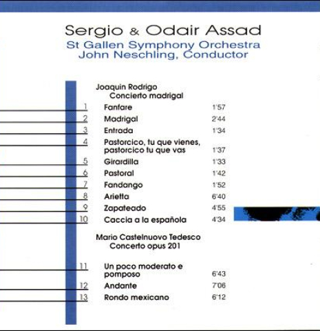 The back of the classical guitar album, &quot;Two Concertos, Sergio &amp; Odair Assad&quot;