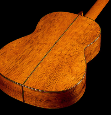 The back and sides of a 1974 Marcelino Lopez classical guitar made of cedar and CSA rosewood