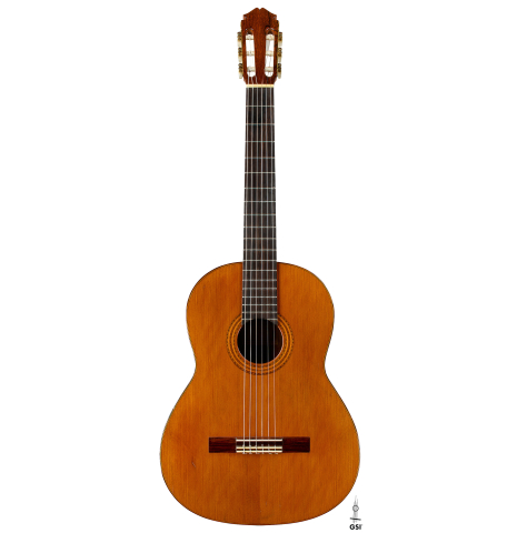The front of a 1974 Marcelino Lopez classical guitar made of cedar and CSA rosewood
