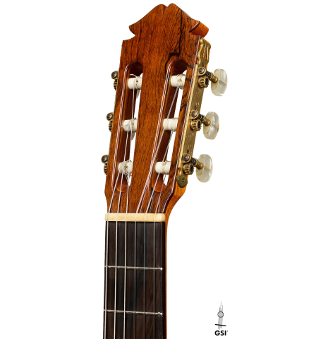 The headstock of a 1974 Marcelino Lopez classical guitar made of cedar and CSA rosewood