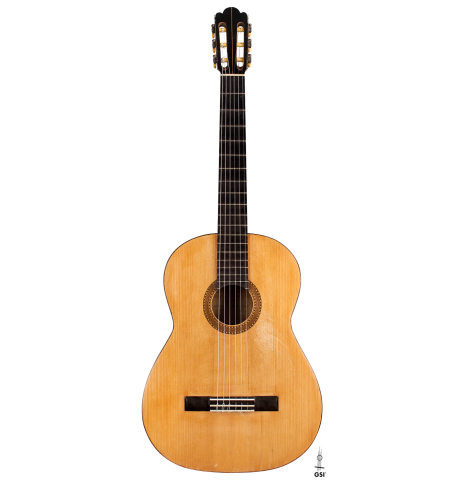 The front of a 1943 Miguel Gonzalez Abad classical guitar made of spruce and cypress