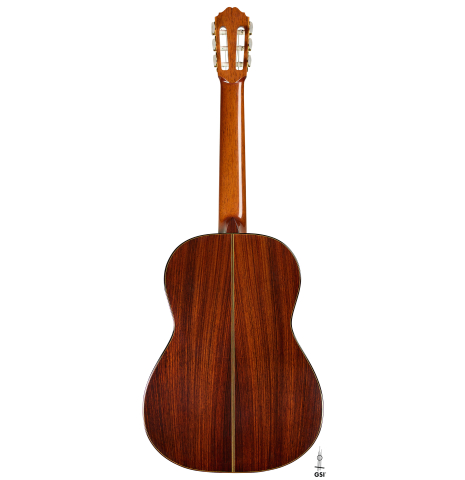 The back of a 1996 Sergio Abreu classical guitar made of spruce and Indian rosewood