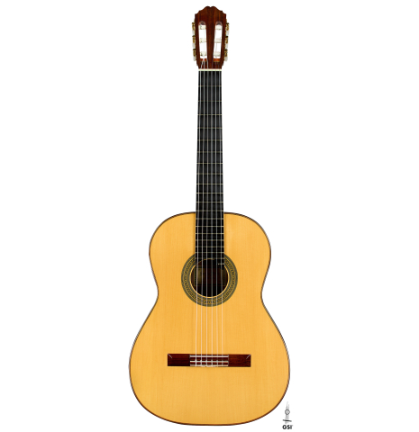 The front of a 1996 Sergio Abreu classical guitar made of spruce and Indian rosewood