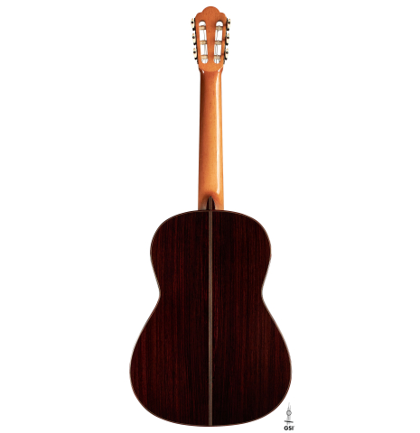 The back of a 2023 Manuel Adalid "Hauser" classical guitar made of spruce and Indian rosewood on a white background
