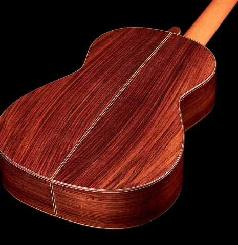 The back of a 2015 Manuel Adalid "Torres" classical guitar made of spruce and Indian rosewood