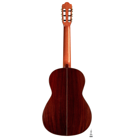 The back of a 2015 Manuel Adalid "Torres" classical guitar made of spruce and Indian rosewood