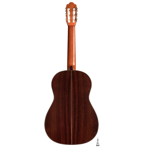 The back of a 2021 Manuel Adalid &quot;Torres&quot; classical guitar made of spruce and Indian rosewood