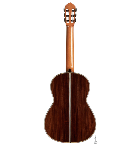 The back of a 2023 Colin van Aelbrouck classical guitar made of spruce and Indian rosewood
