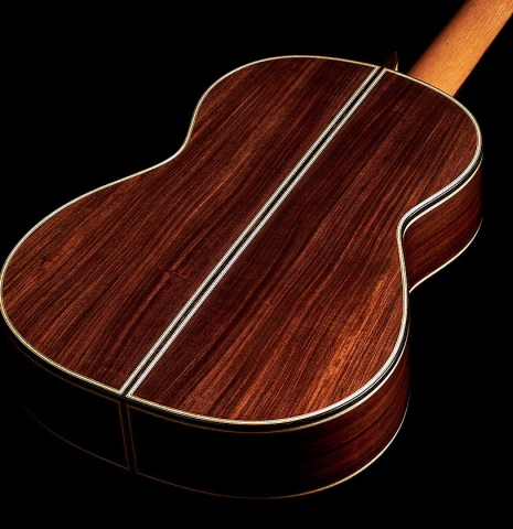 The back and sides of a 2023 Colin van Aelbrouck classical guitar made of spruce and Indian rosewood