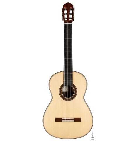 The front of a 2023 Colin van Aelbrouck classical guitar made of spruce and Indian rosewood