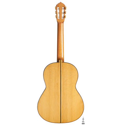The back of a 2023 Colin van Aelbrouck flamenco guitar made of spruce and cypress
