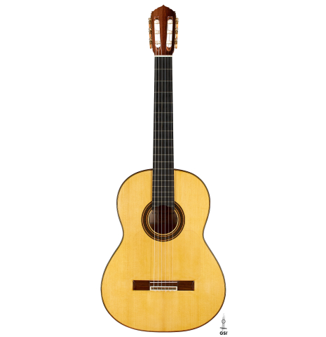 The front of a 2023 Colin van Aelbrouck flamenco guitar made of spruce and cypress