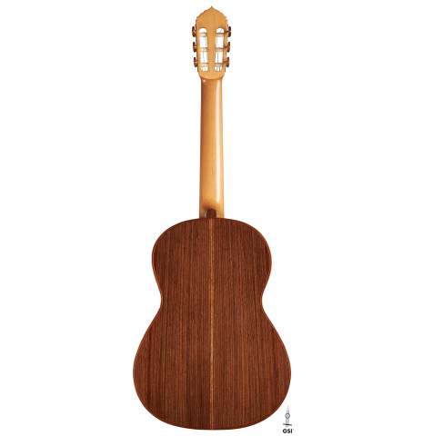 The back of a 2024 Colin van Aelbrouck classical guitar made of cedar and Indian rosewood