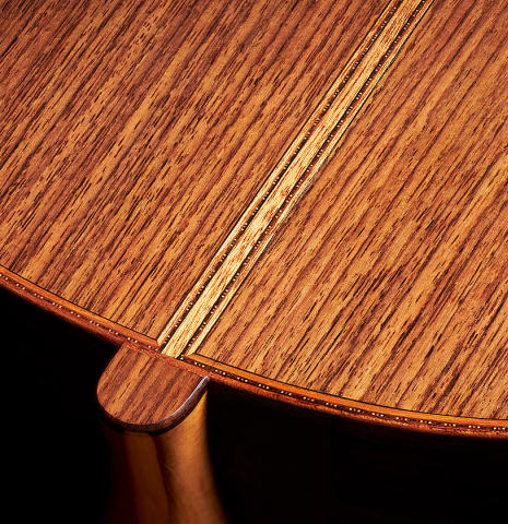 The back, sides and heel of a 2024 Colin van Aelbrouck classical guitar made of cedar and Indian rosewood