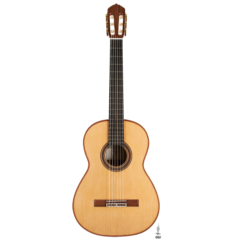 The front of a 2024 Colin van Aelbrouck classical guitar made of cedar and Indian rosewood