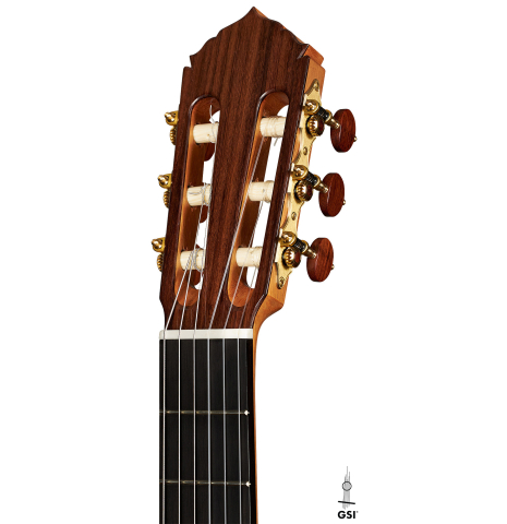 The headstock of a 2024 Colin van Aelbrouck classical guitar made of cedar and Indian rosewood