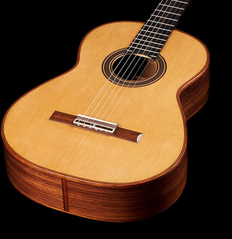 The soundboard of a 2024 Colin van Aelbrouck classical guitar made of cedar and Indian rosewood