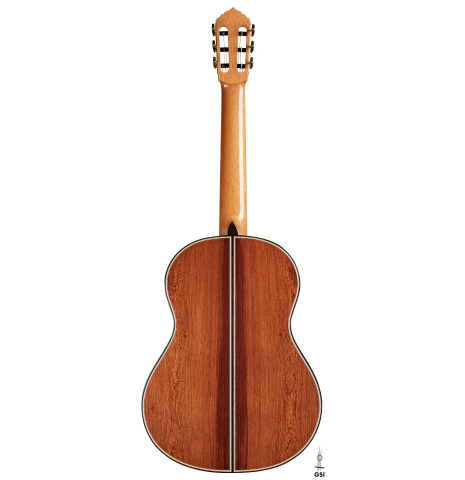 The back of a 2025 Colin van Aelbrouck classical guitar made of spruce and African rosewood