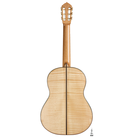 The back of a 2025 Colin van Aelbrouck "Rodriguez" classical guitar made of spruce and maple