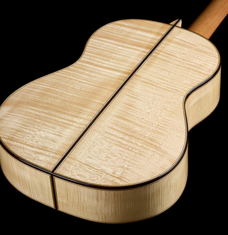 The back and sides of a 2025 Colin van Aelbrouck "Rodriguez" classical guitar made of spruce and maple