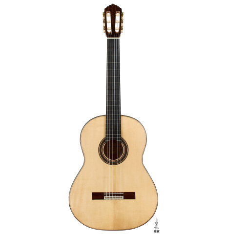 The front of a 2025 Colin van Aelbrouck "Rodriguez" classical guitar made of spruce and maple