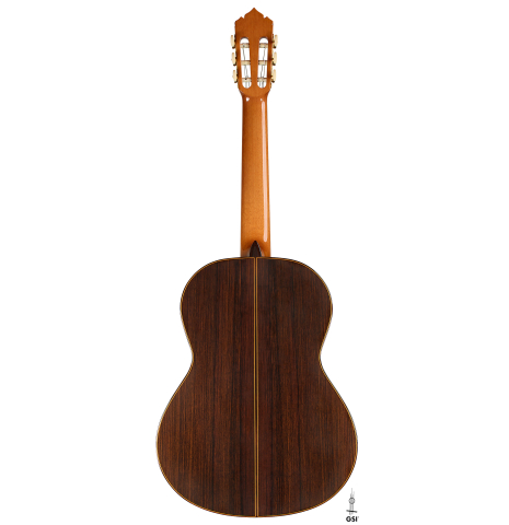 The back of a 2021 Alhambra “Mengual y Margarit NT” classical guitar made of cedar and Indian rosewood