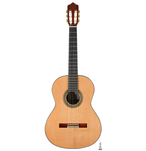 The front of a 2021 Alhambra “Mengual y Margarit NT” classical guitar made of cedar and Indian rosewood