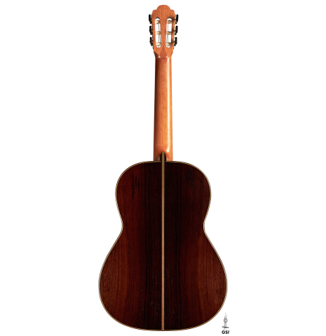 The back of a 2002 Simon Ambridge classical guitar made with spruce and CSA rosewood.