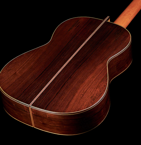 The back of a 2002 Simon Ambridge classical guitar made with spruce and CSA rosewood.