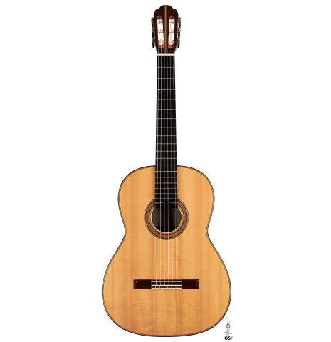 The front of a 2002 Simon Ambridge classical guitar made with spruce and CSA rosewood.