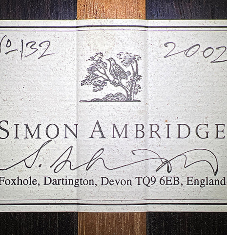 The label of a 2002 Simon Ambridge classical guitar made with spruce and CSA rosewood.