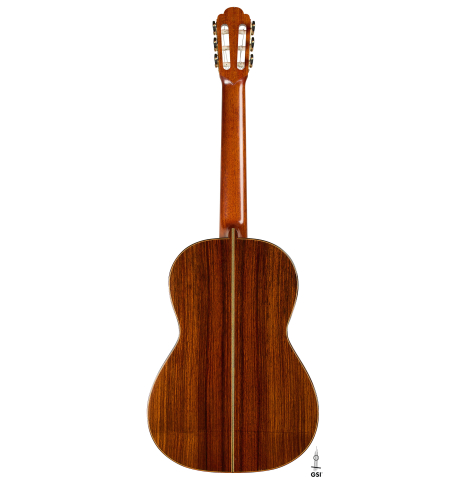 The back of a 2000 Simon Ambridge classical guitar made with spruce and Indian rosewood