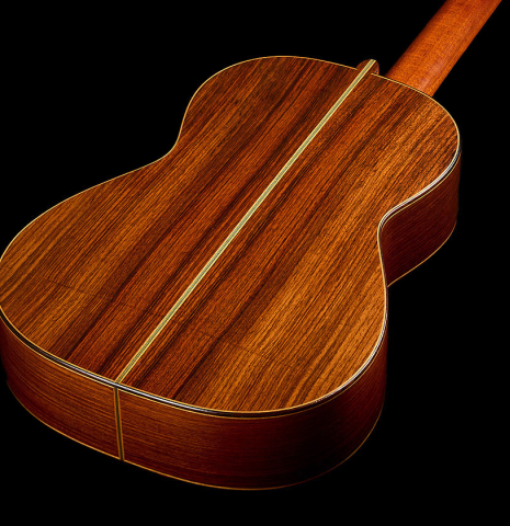 The back and sides of a 2000 Simon Ambridge classical guitar made with spruce and Indian rosewood
