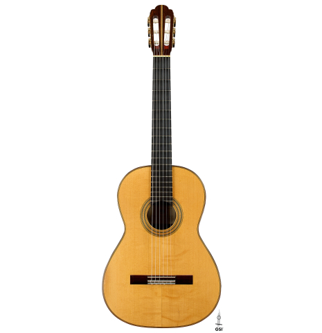 The front of a 2000 Simon Ambridge classical guitar made with spruce and Indian rosewood
