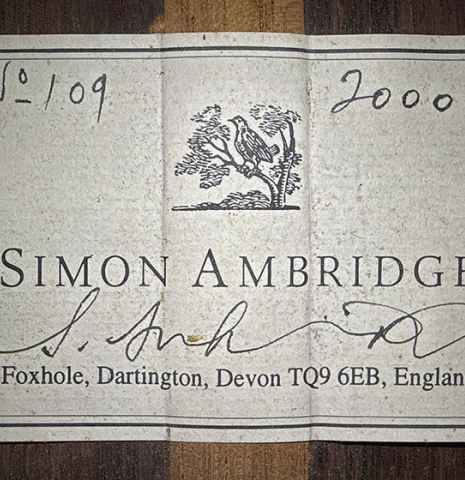The label of a 2000 Simon Ambridge classical guitar made with spruce and Indian rosewood