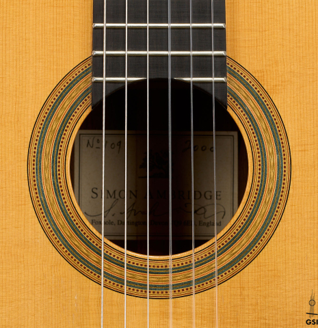 The rosette of a 2000 Simon Ambridge classical guitar made with spruce and Indian rosewood